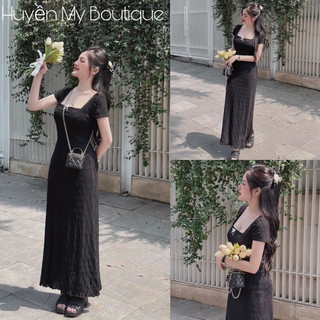 Váy ren body cổ vuông tiểu thư maxi dáng dài sang chảnh
