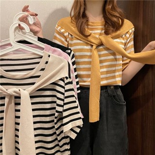 Áo mongtoghi nữ thun dệt kim ngắn tay kiểu kẻ ngang cổ tròn kèm khăn len mỏng mềm form rộng hàng QC