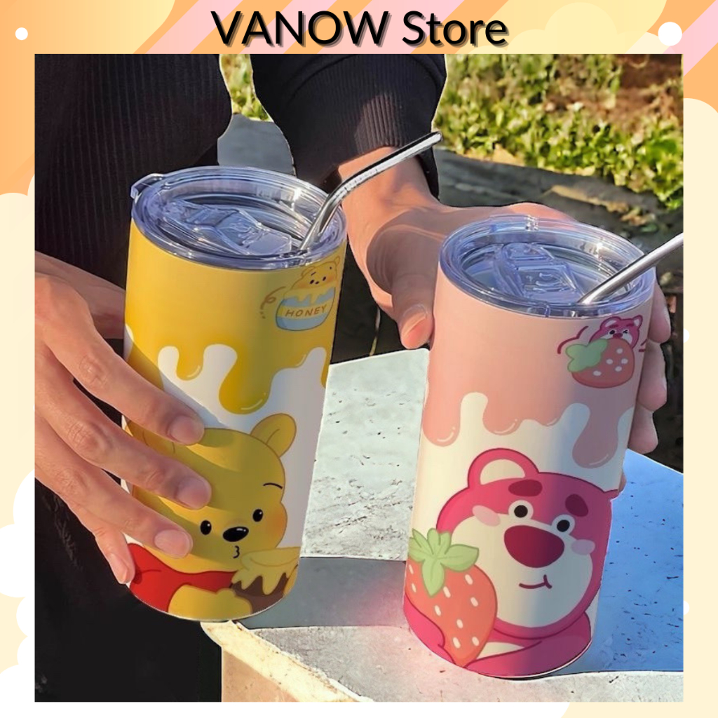 Ly Giữ Nhiệt Gấu Pooh x Dâu Iced Americano Inox 304 Kèm Ống Hút Nắp Chống Tràn