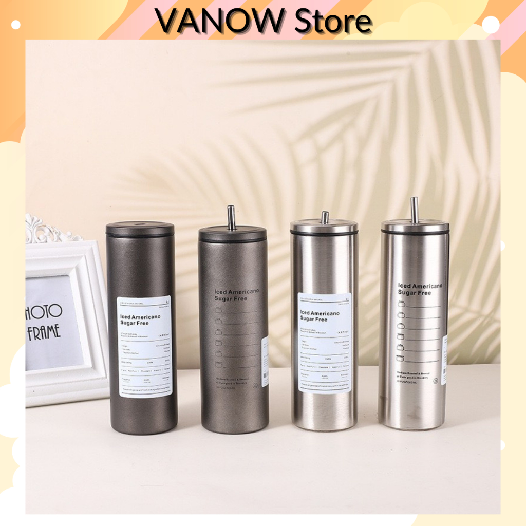 Bình Giữ Nhiệt Iced Americano Inox 304 Dung Tích 600ml Đi Kèm Ống Hút Và Nút Đậy Ly