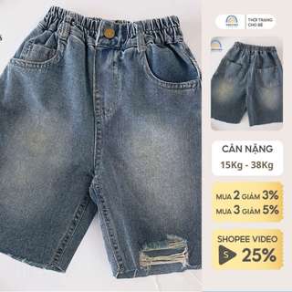 Quần bò cho bé trai Magickids quần jean lửng rách gối size đại 48kg chất mềm đẹp thoải mái vận động cho bé-QN24005