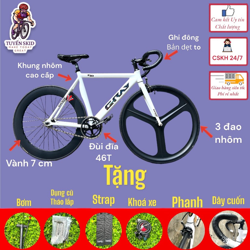 Xe đạp Fixed Gear giá rẻ chính hãng GRAY F10(ghi đông cong) Vành trước 3 đao/ Vành sau 7cm, khung nh