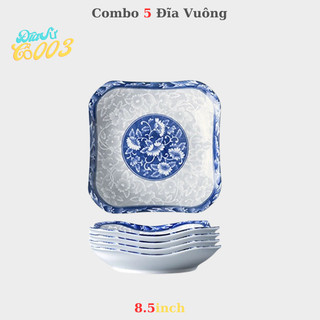 combo 5 đĩa vuông hoa văn gốm sứ, đĩa vuông gốm sứ