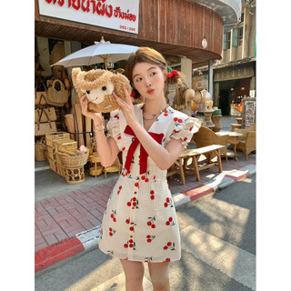 𝓝𝓮𝔀 ‖ Đầm cherry nơ đỏ cổ chữ V kiểu Pháp ngọt ngào