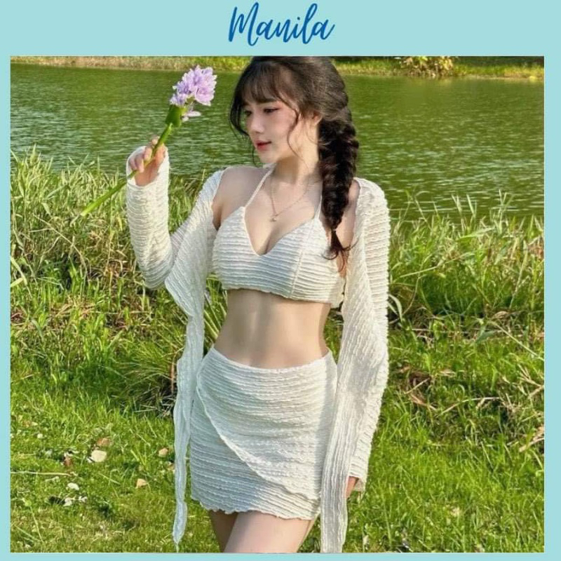 Bộ bikini 4 mảnh size S,M,L, XL đi biển áo bra yếm mút kèm khoác ca | BigBuy360 - bigbuy360.vn
