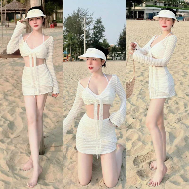 Bộ bikini 4 mảnh size S,M,L, XL đi biển áo bra yếm mút kèm khoác ca | BigBuy360 - bigbuy360.vn