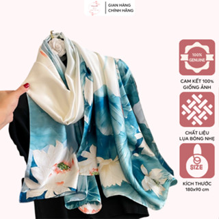 Khăn choàng lụa cao cấp họa tiết hoa sen trắng bản to 180x90cm sang trọng, Khăn quàng cổ lụa bóng nhẹ tự nhiên siêu mềm