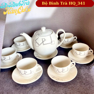 Bộ tách trà sứ gồm 1 ấm trà, 6 ly quai sứ, 6 dĩa đựng ly,bộ bình trà Hàn Quốc gốm sứ