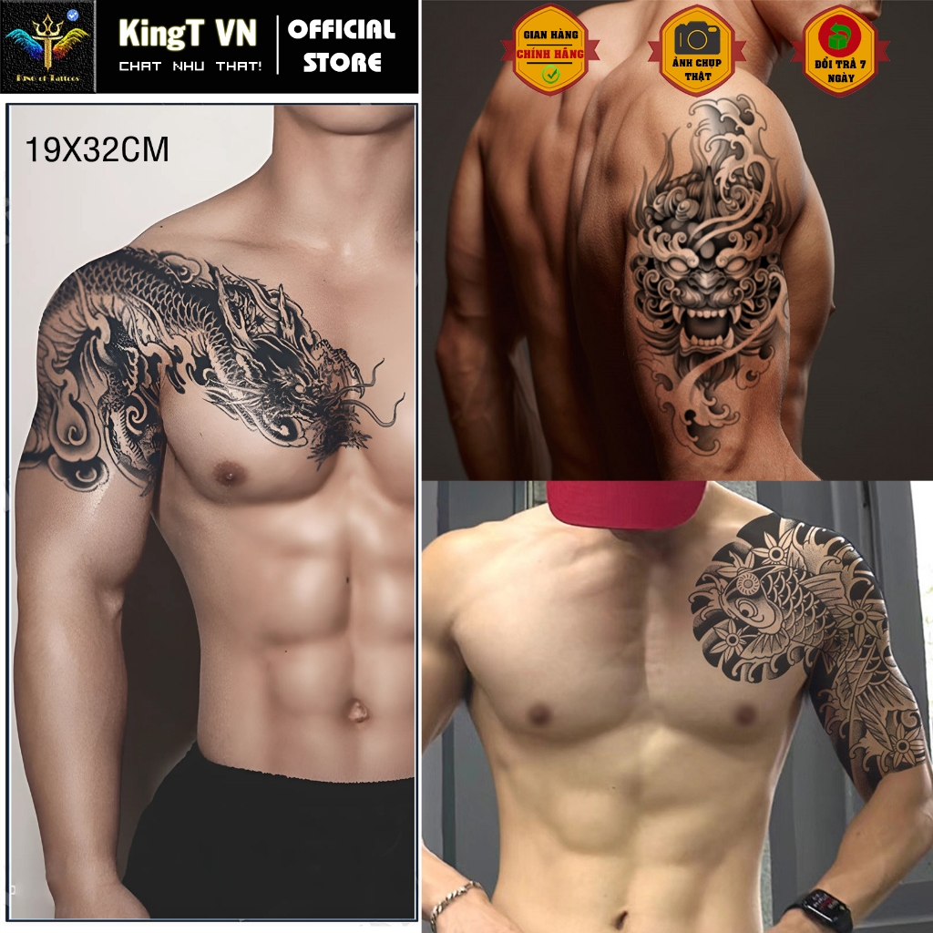 ✅ Hình xăm dán tạm thời 15 ngày mẫu xăm vai ngực, xăm rồng vắt vai , cá chép hoa đào sóng biển