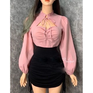 Áo tiểu thư tay phồng cột dây nơ cổ