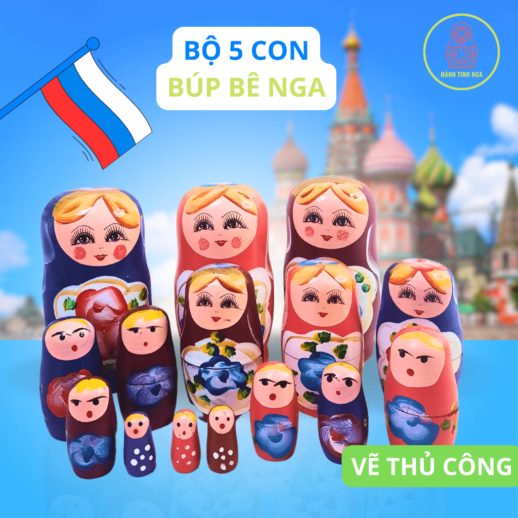 Bộ 5 con búp bê Nga Matryoshka bằng gỗ, vẽ thủ công