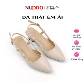 Guốc Nữ Sandal NUDDO Mũi Nhọn Gót Vuông 3cm, Giày Nữ Đế Thấp Quai Sau Da Thật Cao Cấp N368D