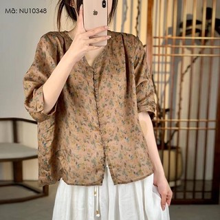Áo sơ mi linen ngắn tay kamaka cổ v in retro nhiều khuy - nu10348