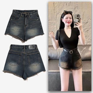 Quần Sọt Jean Nữ Lưng Cao Basic Màu Xanh Hình ảnh thật