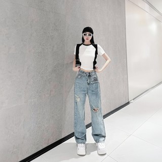 Quần Baggy Ống Rộng Jean Nữ Cạp Cao Tôn Dáng Rách Gối Đẹp Kiểu Hàn Quốc