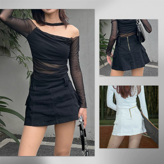 Chân váy ngắn denim co giãn cạp trễ dáng loe - sport denim skirt