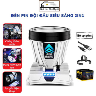 Đèn Pin Đội Đầu Siêu Sáng Sạc Pin 2In1 Kiêm Sạc Dự Phòng Chống Nước Cổng Sạc Tiện Lợi