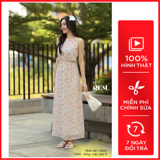 Đầm mùa hè maxi yếm hoa hồng_real