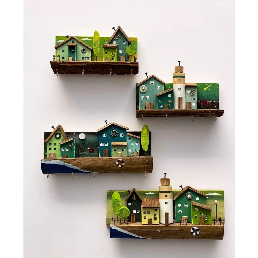 Kệ móc treo ngôi nhà gỗ decor 17x30 cm, móc treo tường gỗ, móc treo chìa khóa