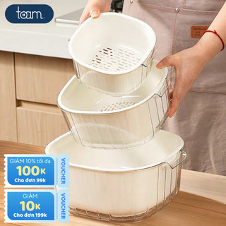 Rổ rửa rau củ quả TOAM thiết kế hai lớp ráo nước tiện lợi cho nhà bếp, chất liệu nhựa PP dày dặn