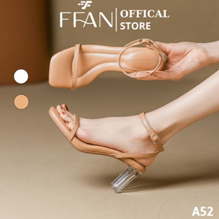 Sandal cao gót guốc nữ đế vuông mũi vuông cao cấp dép A52 da mềm mại FFAN STORE, 7 phân màu be trắng sữa