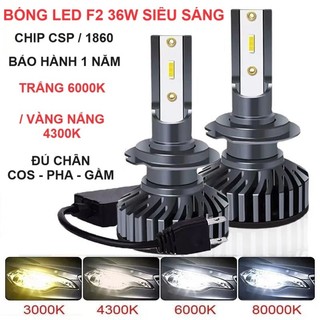 Cặp 2 bóng đèn led f2 36w siêu sáng trắng / vàng nắng - chân h1, h3, h4, h7, h11, 9005/hb3, 9006/hb4, 9012