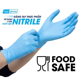 Găng tay thực phẩm Disposable Nitrile Gloves, nhãn Hygi, chất liệu Nitrile, màu Xanh, 100 chiếc