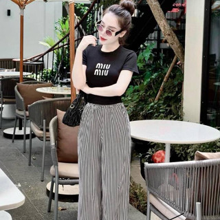 Set Bộ Đồ Nữ Tăm Miumiu cổ tròn quần kẻ dáng suông nữ,Sét Áo cộc tay Quần dài kẻ sọc ống rộng phong cách streetwear S151