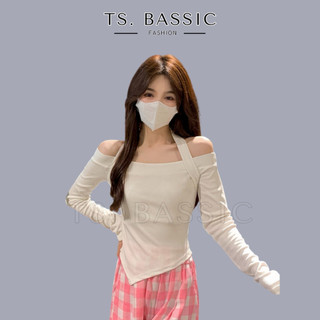 Áo cổ yếm trễ vai chéo 2 dây dài tay, áo kiểu nữ hở vai dáng ôm big size form rộng chất cotton co dãn thus760