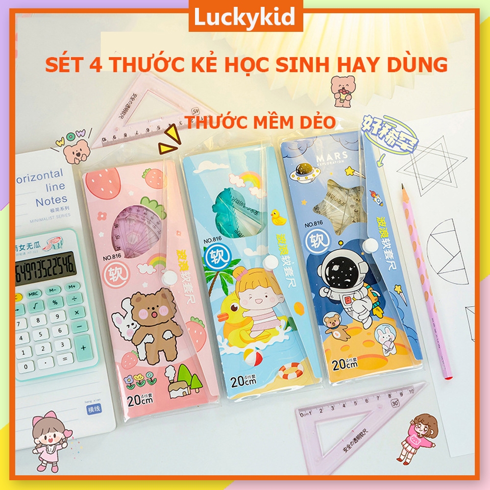 Thước kẻ, sét 4 thước kẻ loại dẻo dùng cho học sinh
