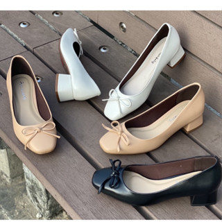 Giày cao gót nữ 3 phân mũi vuông gót vuông Annmodels chất liệu da mềm phối nơ chuông _A1004NC