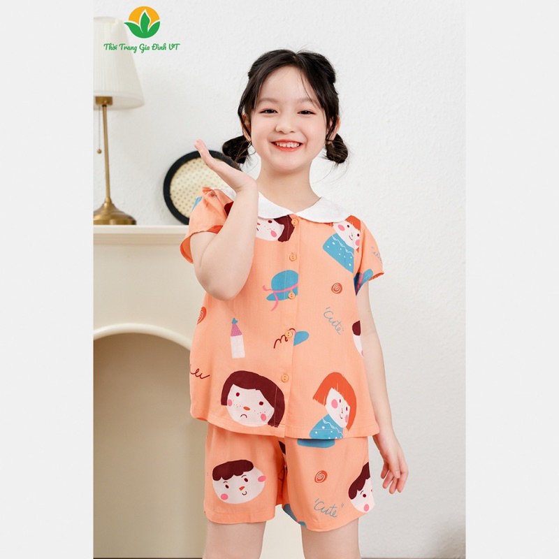 Bộ lanh bé gái thời trang Việt Thắng quần đùi áo cộc tay cổ vải phối - B63.2408