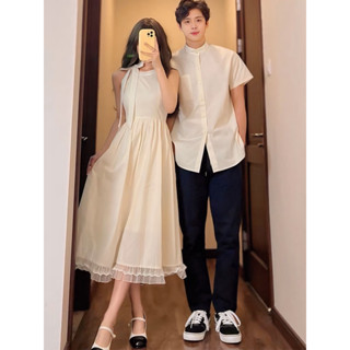 ❤️ Set couple trắng nữ cổ yếm dây nơ phối ren + áo nam cổ trụ siêu đẹp, đồ đôi du lịch chụp hình cưới.. ❤️