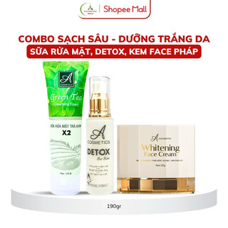 Combo dưỡng trắng mặt, kiềm dầu, thải độc da Mềm acosmetics, kem face pháp, sữa rửa mặt trà xanh x2, detox bọt biển 190g