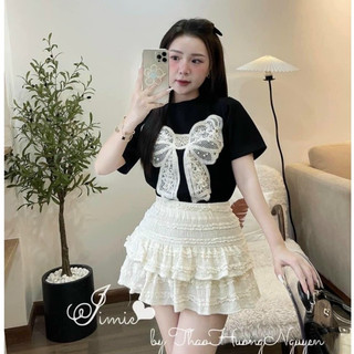 Sét bộ áo thun tăm nơ nổi mix chân váy ren bèo tầng xinh xắn, trẻ trung Ht2012
