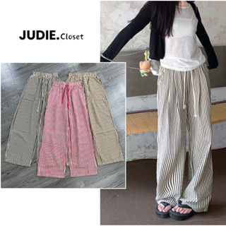 A7 Quần Suông Vải Thô Nhăn Mềm Kẻ Sọc Dài, Quần Ống Rộng Cạp Cao Lưng Chun Dáng Dài 100cm JUDIE.Closet