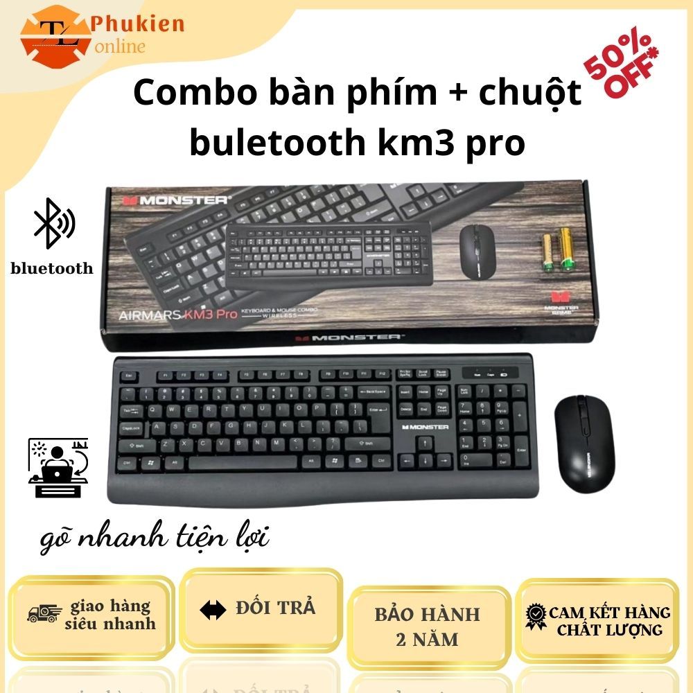 Bộ Bàn Phím Và Chuột Tĩnh Âm MONSTER-KM 3 Không Dây 2.4GHz Độ Phân Giải 1600DPI