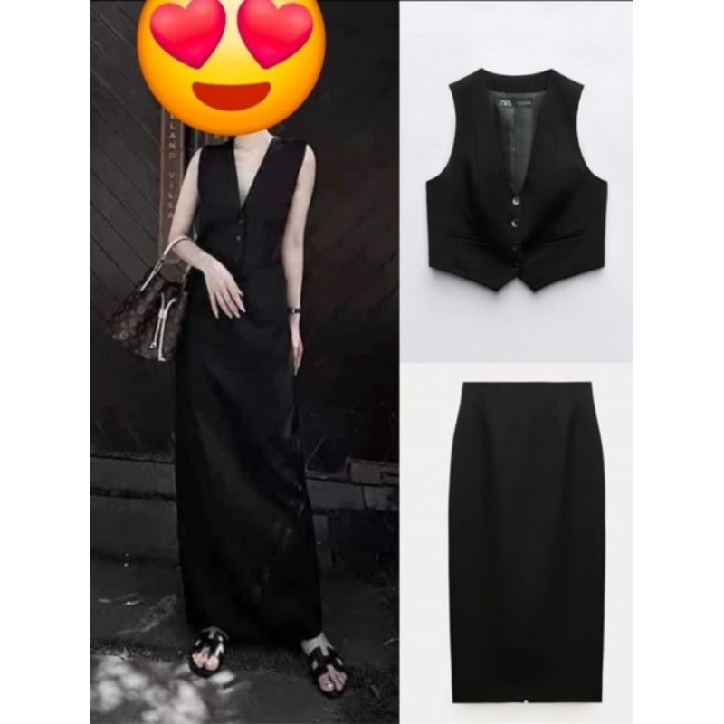 Set áo váy Zara màu đen &amp; xám trắng, hàng 1 lớp, vải linen dày dặn