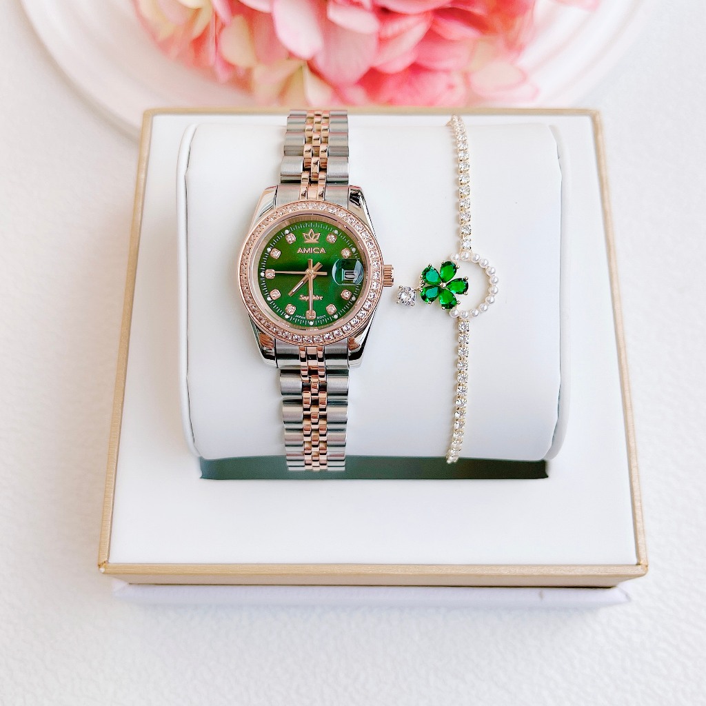 Đồng hồ nữ dây thép Set Amica Quartz Demi Rose Green 26mm