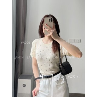 Áo thun nữ chất liệu len giấy mỏng 1 màu hoạ tiết nhí màu be freesize 40 - 48kg LamHi_ mã #A005