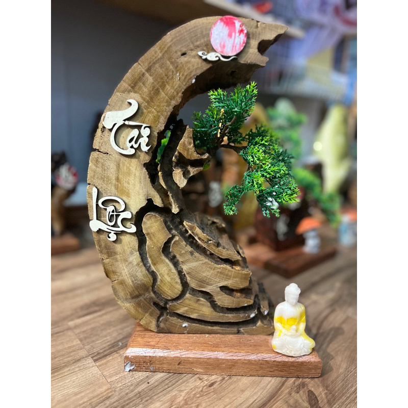 Tiểu cảnh gỗ chưng kệ, hồ cá, bàn khách, bàn trà