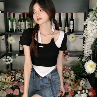 áo croptop kiểu phối màu chéo vai
