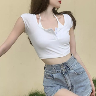 Áo croptop nữ ngắn tay cổ giả yếm Áo Kiểu Nữ ôm body Vạt Bầu Chất Thun Gân Mềm Mịn