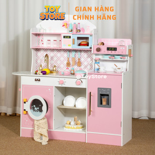 Bộ đồ chơi bếp gỗ cao cấp cho bé toystore Fudaer bếp 105cm kèm tủ lạnh họa tiết màu hồng dễ thương