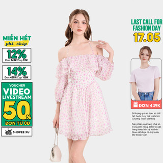 Đầm Kiểu Nữ MARC FASHION Mini Bẹt Vai Tay Dài Họa Tiết - FAQH011824