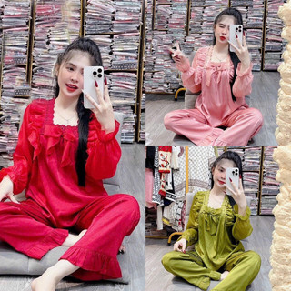 Sét bộ lụa xước tay dài quần dài, bộ mặc nhà , tay bồng phối voan Sang chảnh