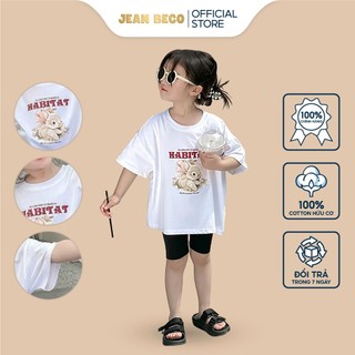 Áo thun cotton tay ngắn JEANBECO, áo phông cổ tròn màu trắng cho bé gái mặc đi học, đi chơi