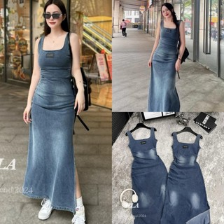 Váy Đầm Nữ 2 Dây Bản To Cổ Vuông Maxi Jean Bò Loang Mài Nhẹ Co Giãn -Shop Jean Qc- Váy 2 Dây Jean Nữ Mài Co Giãn Vạt Xẻ
