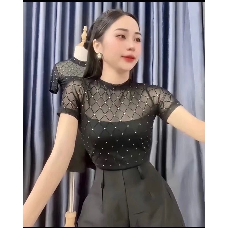 Áo Thun Nữ Dài Tay Lưới mỏng Đính Hoa Sang Chảnh Hàng Quảng Châu 2 LỚP