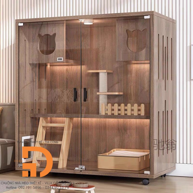 Tủ gỗ cho mèo - VILLA mèo 3 tầng CAO CẤP - MS055 xinh xắn phù hợp3-7 bé mèo vui chơi